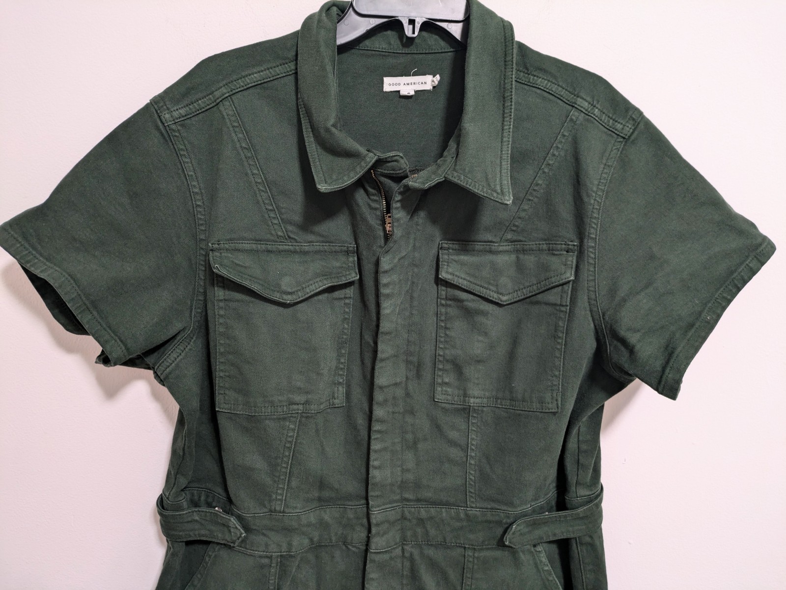 GOOD AMERICAN Womens Denim Jumpsuit Green Sz 3 Stretch Utility Grunge Zipper