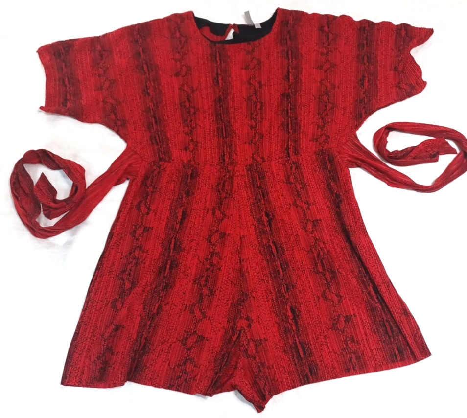 ASOS Red Black Snake Dressy Crinkled Open Back Romper Sz 16 Tie Elastic Waist