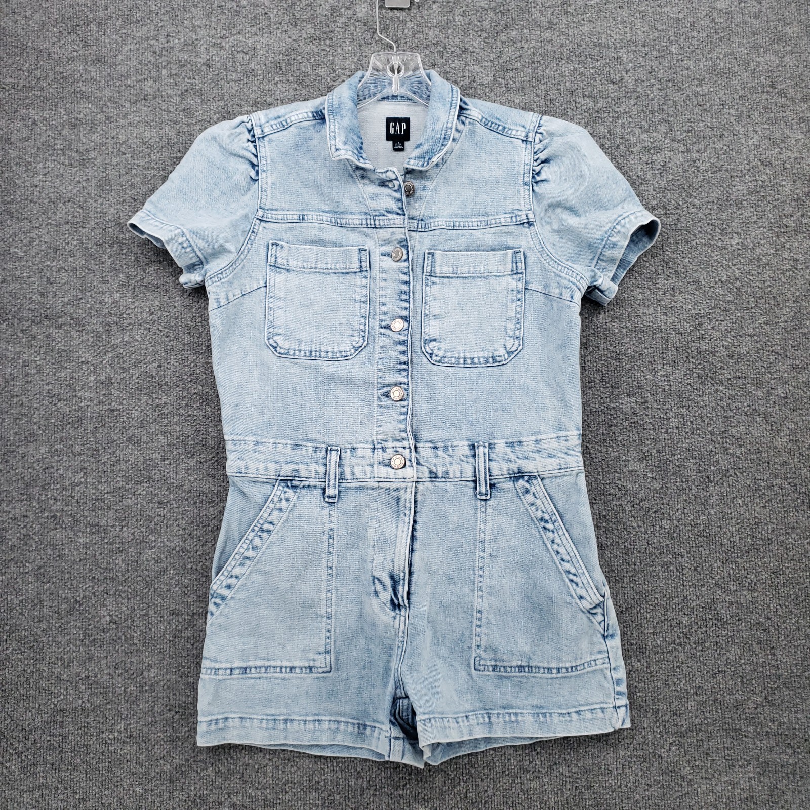 Gap Romper Womens 6P Petite Blue Puff Sleeve Denim Utility Stretch Collared