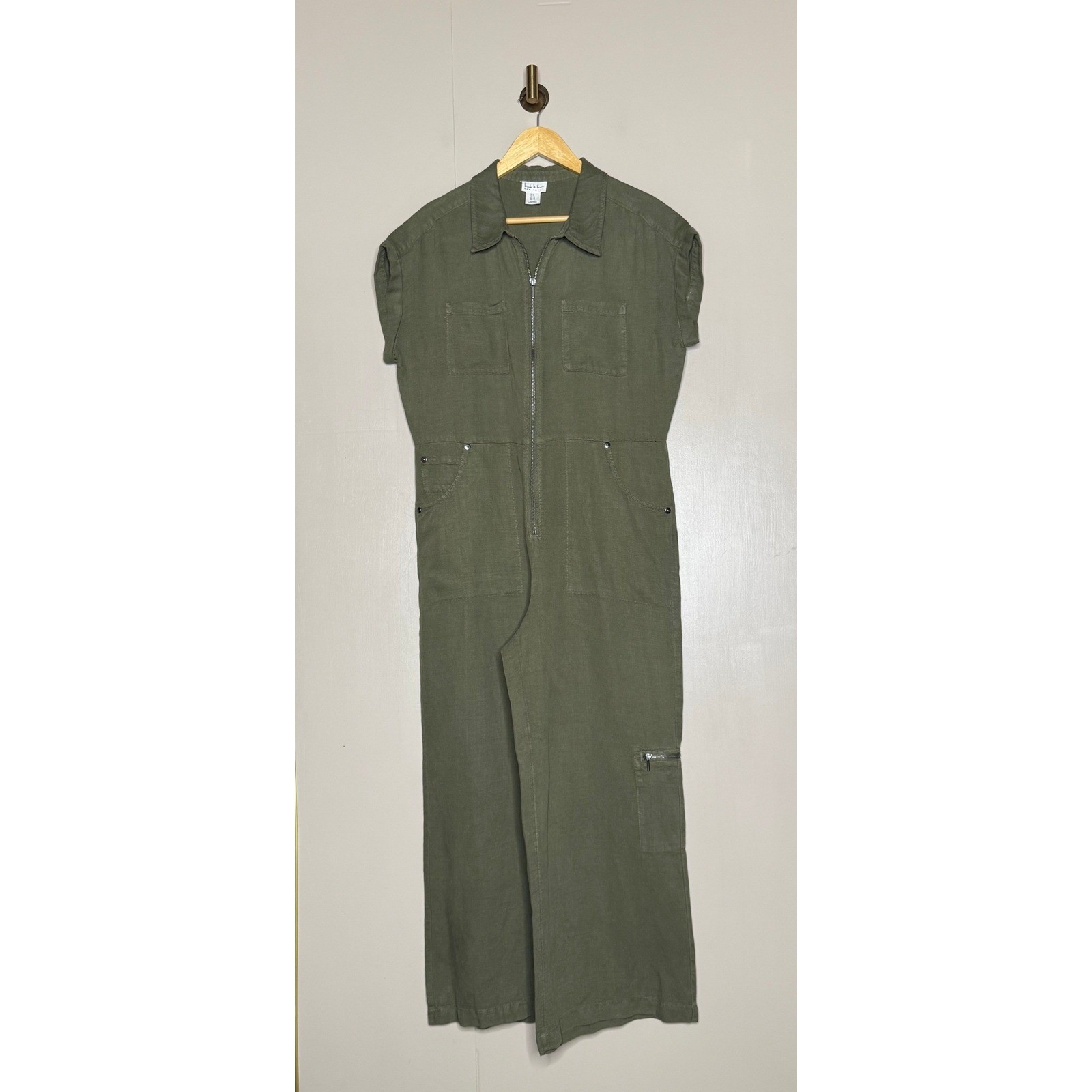 Nicole Miller Linen Lyocell Utility Jumpsuit Olive Green Wide Leg Size 8