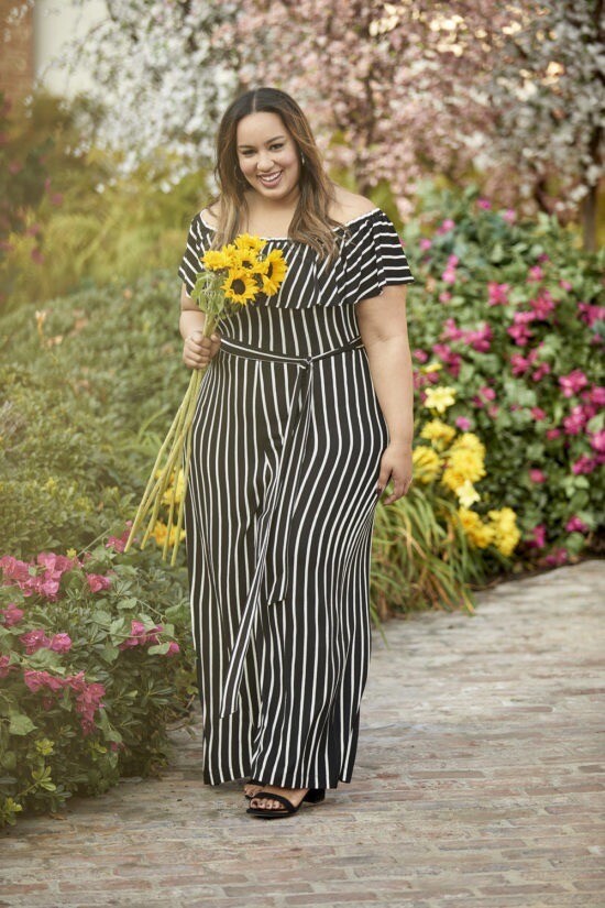Lane Bryant 22/24 3X Beauticurve Off Shoulder Black White Stripe 4887 Ruffle