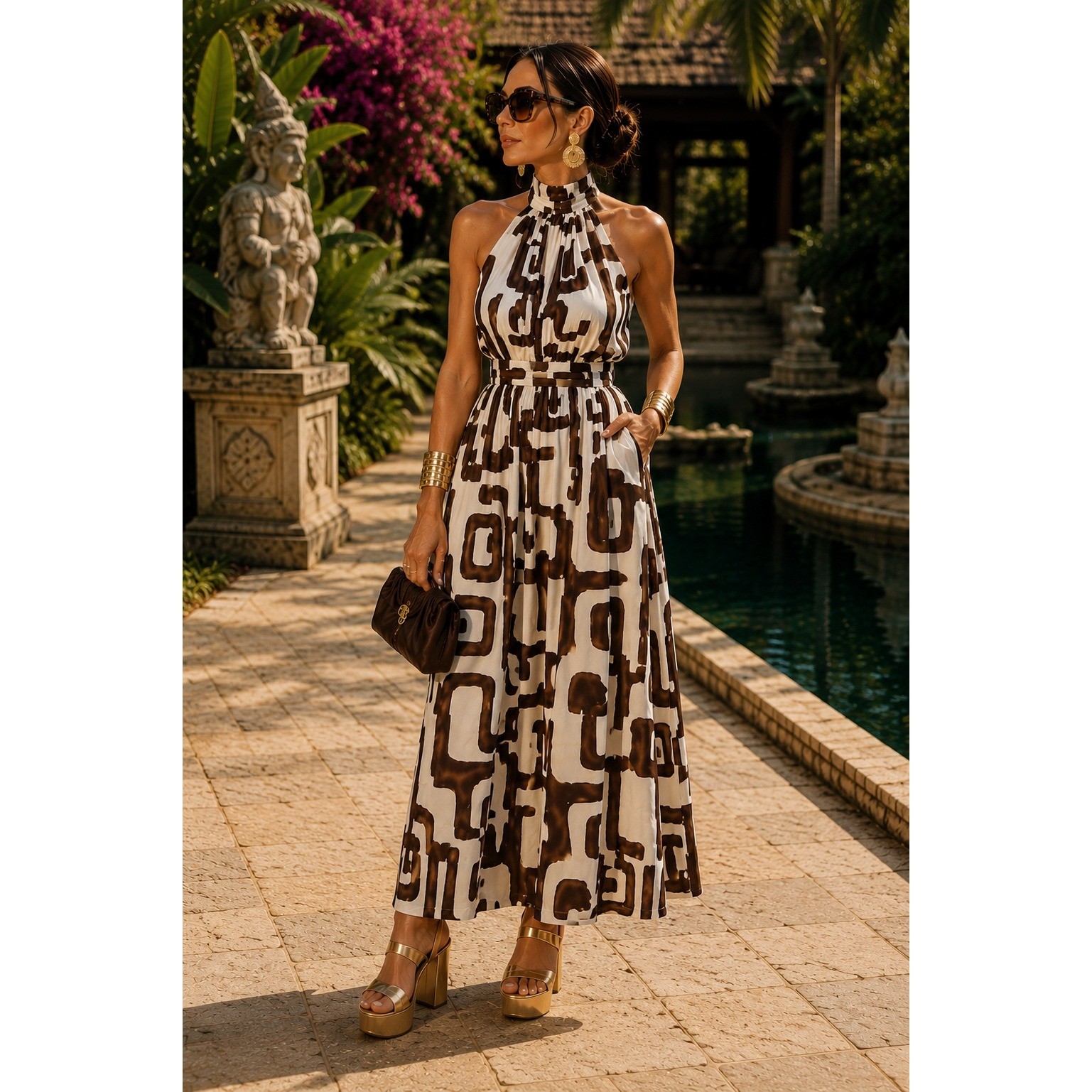 Fashion Nova Womens Brown White Geometric Halter Wide Leg Jumpsuit Large Pocket