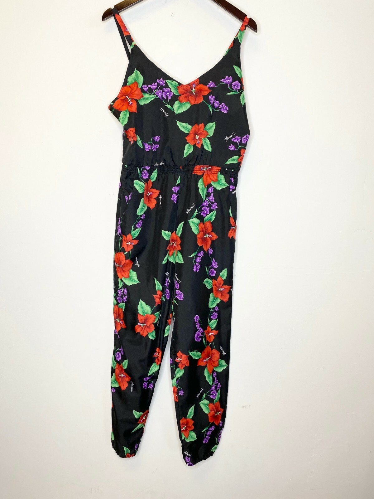 HELENA Hawaii Black Flower Print Jogger Crop Pants Jumpsuit One-Piece M = 8/10