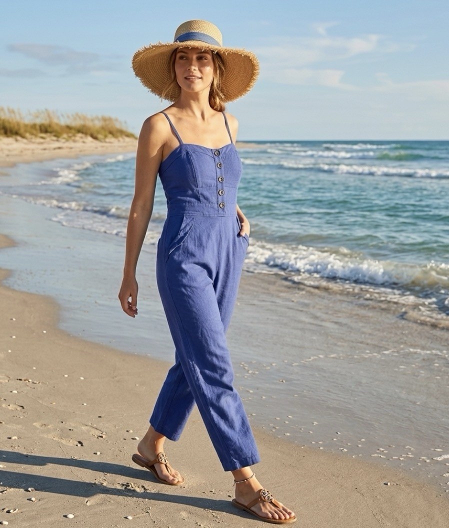 Mind Code Navy Corset Button-Front Jumpsuit with Pockets Size L Coastal Chic