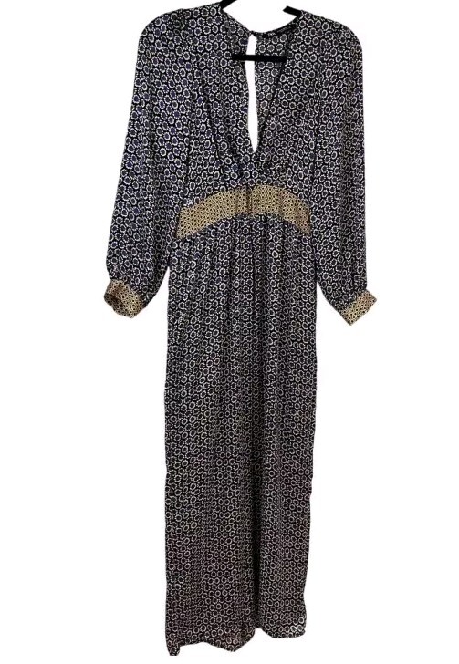 Zara Blue Geometric Print V-neckline Long Sleeves Jumpsuit Size Large 4387 289
