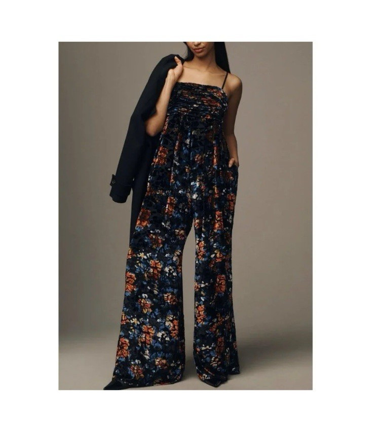 Anthropologie Floral Velvet Wide-Leg Jumpsuit Sleeveless Strappy M
