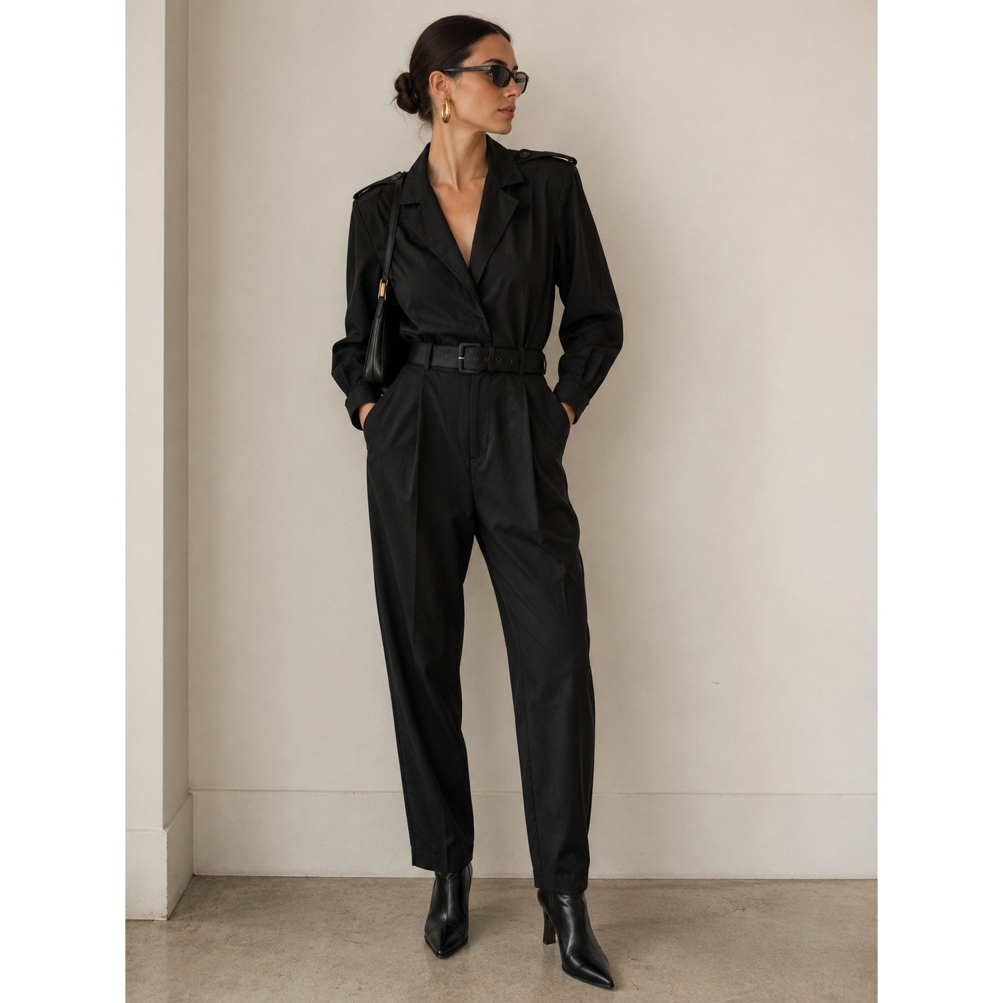 Vintage 80s Black Belted Jumpsuit Westbound Minimalist Power Suit Size 14
