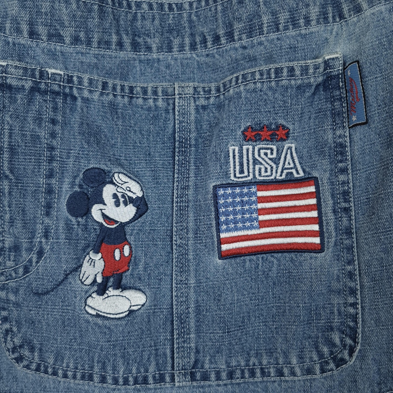 Disney Overalls Womens XL Blue Denim Bib Mickey USA Flag Embroidered Shortalls