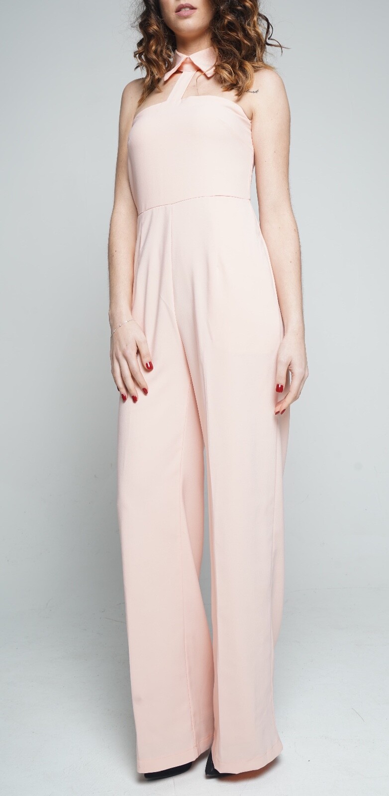 Women’s Jumpsuit Pink White Collar Open Shoulder Wide Leg Pockets Various Sizes