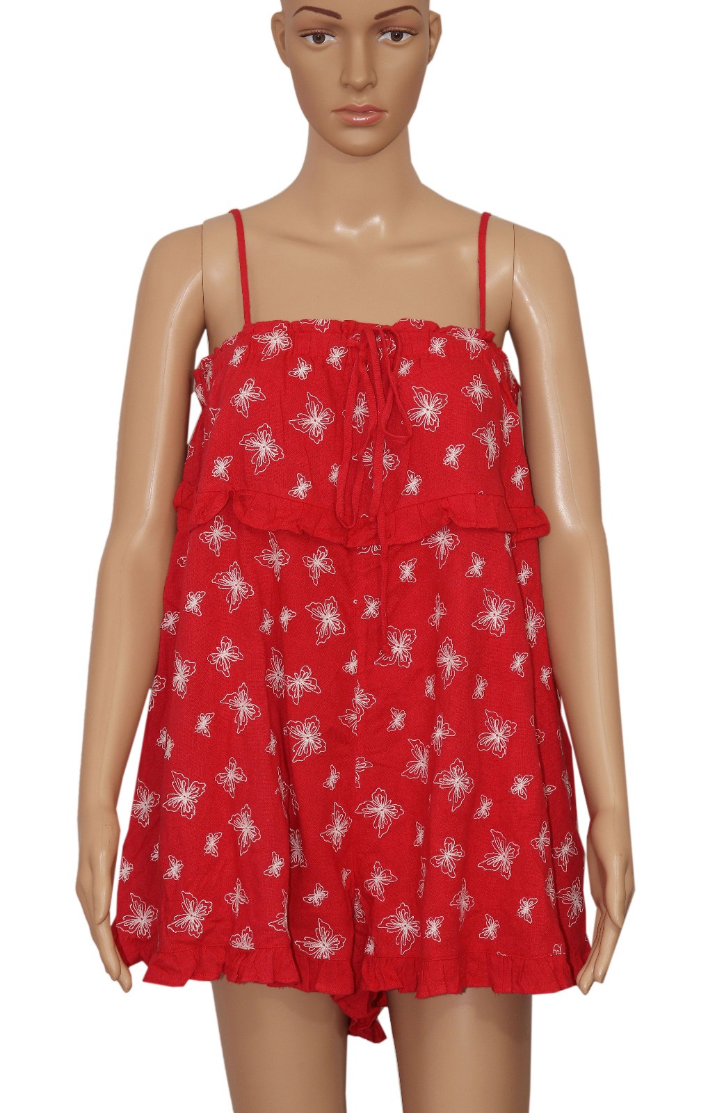 UO Ruffle Romper Butterfly Embroidered Red Adjustable Strap Drawstring New M