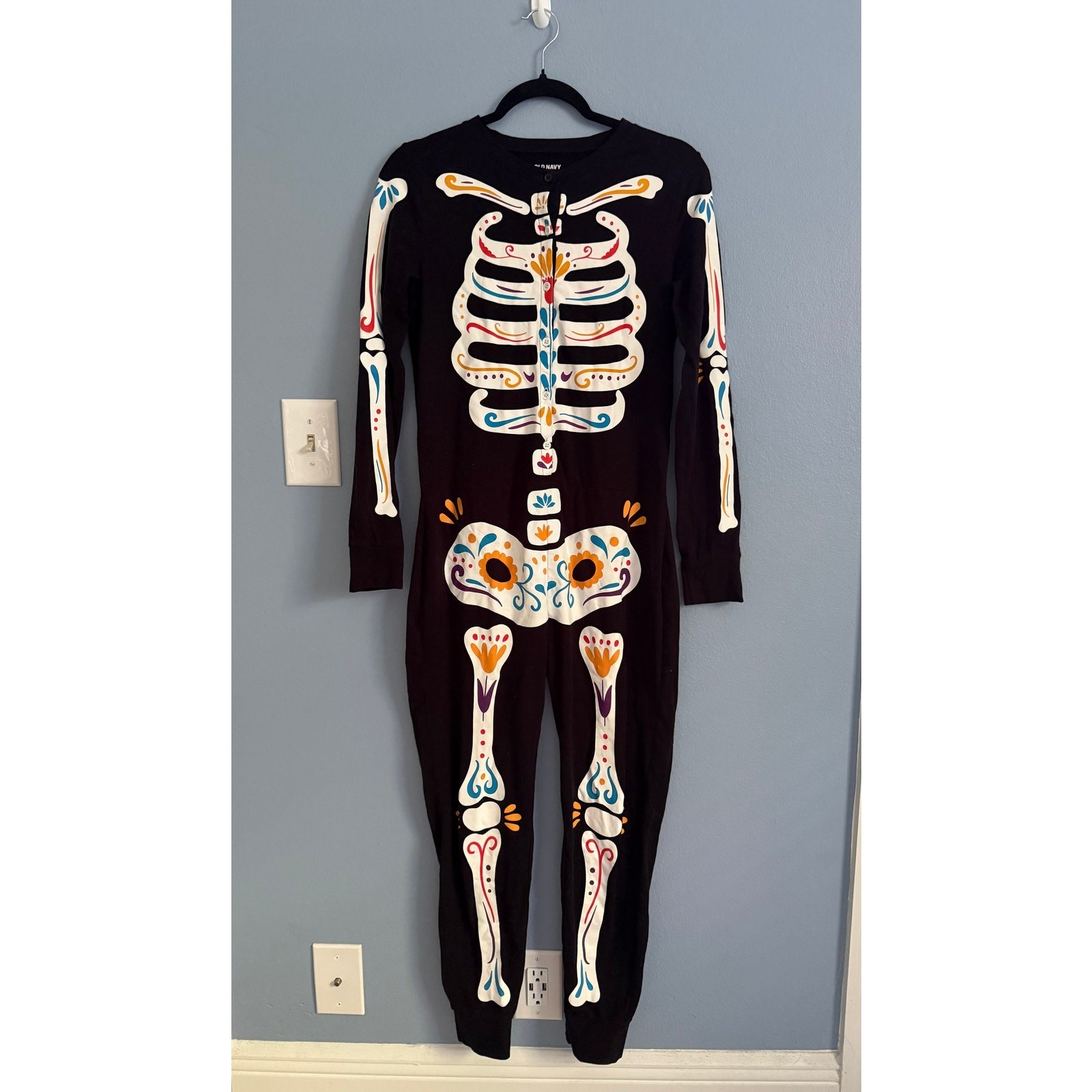 Old Navy Sugar Skull Skeleton Pajama One Piece Union Suit Medium Halloween