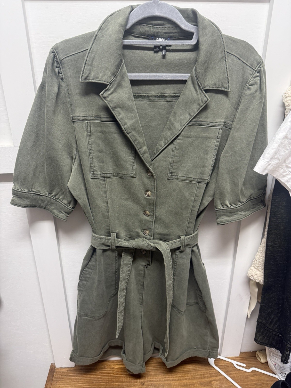 Paige Green Cotton Short Sleeve Belted Button Front Collared Romper Size 10