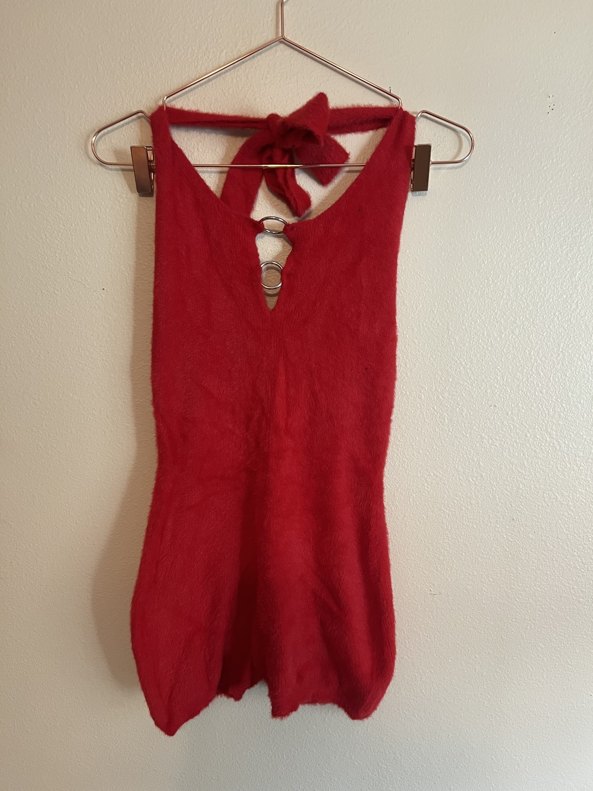 Tiger Mist Red Fuzzy Open Back Halter Romper – Women’s XL