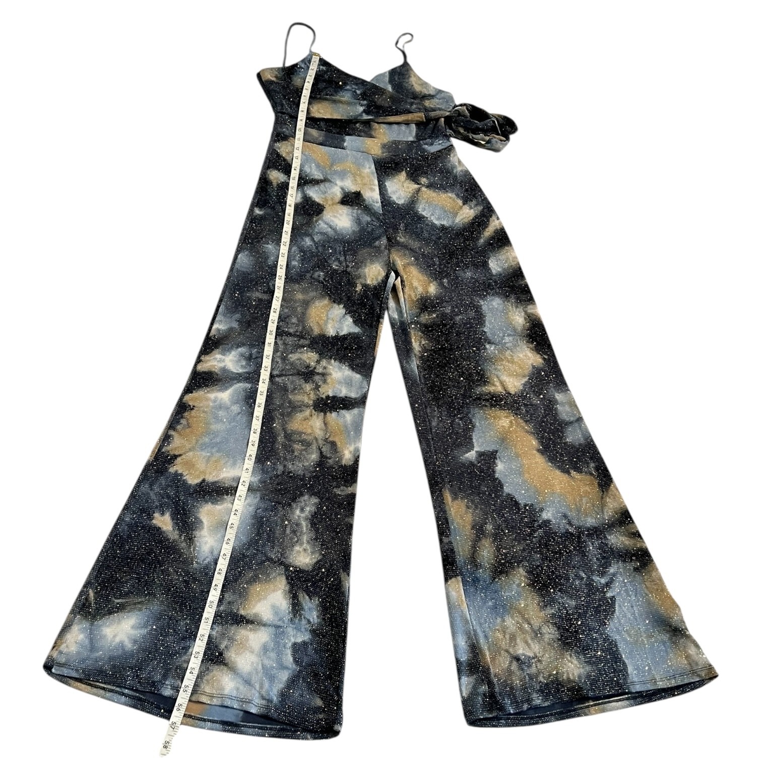 Metallic Galaxy Marble Print Wide Leg Jumpsuit L Wrap Empire Waist Y2K Boho USA
