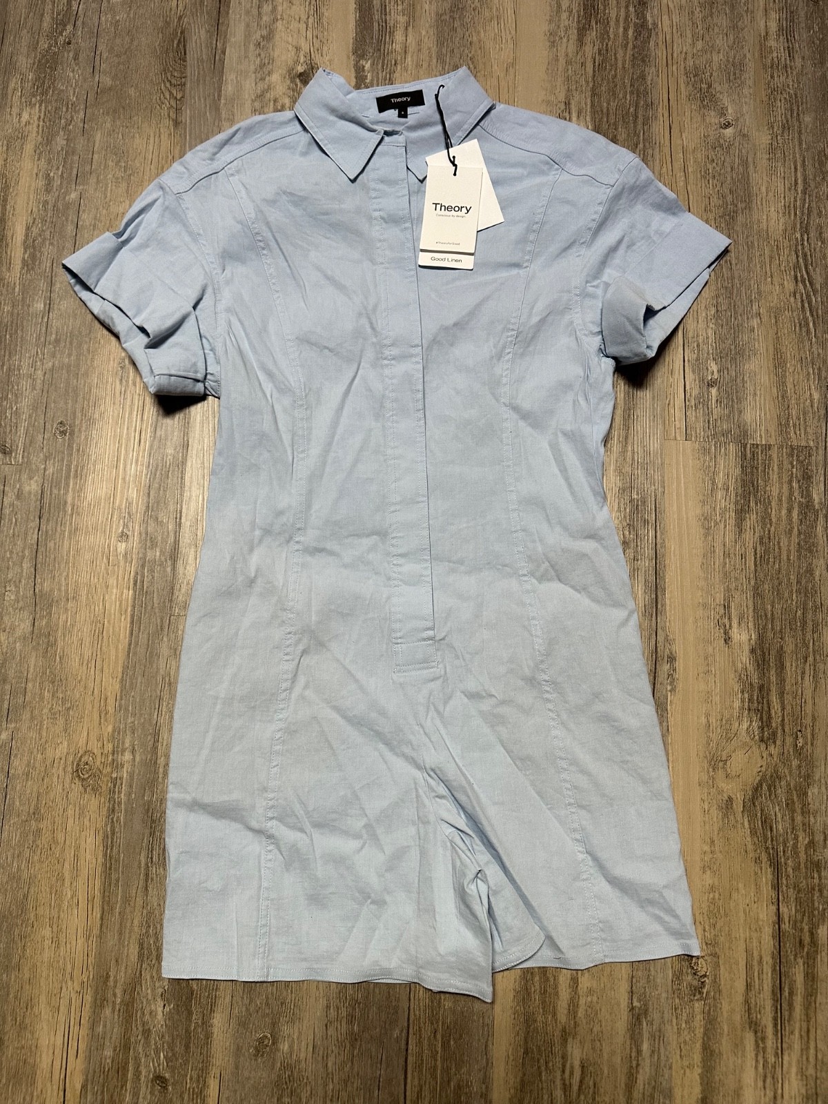 Theory Womens Eco Crunch Linen Romper 8 Light Blue Short Sleeve Jumpsuit NWT