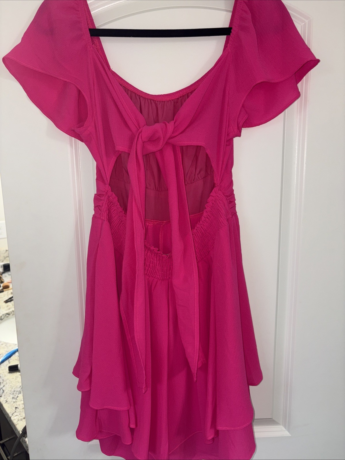 Exlura Hot Pink Off The Shoulder Romper With Skirt Layover Tie Back Size Medium