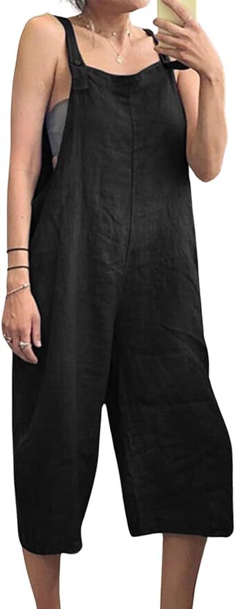 Women Capri Overalls Loose Bib Rompers Straps Sleeveless Jumpsuit