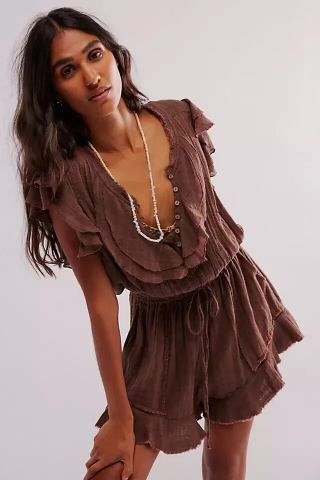 Free People FP One Naya Chocolate Romper Flutter Sleeve Drawstring Summer NWD XL