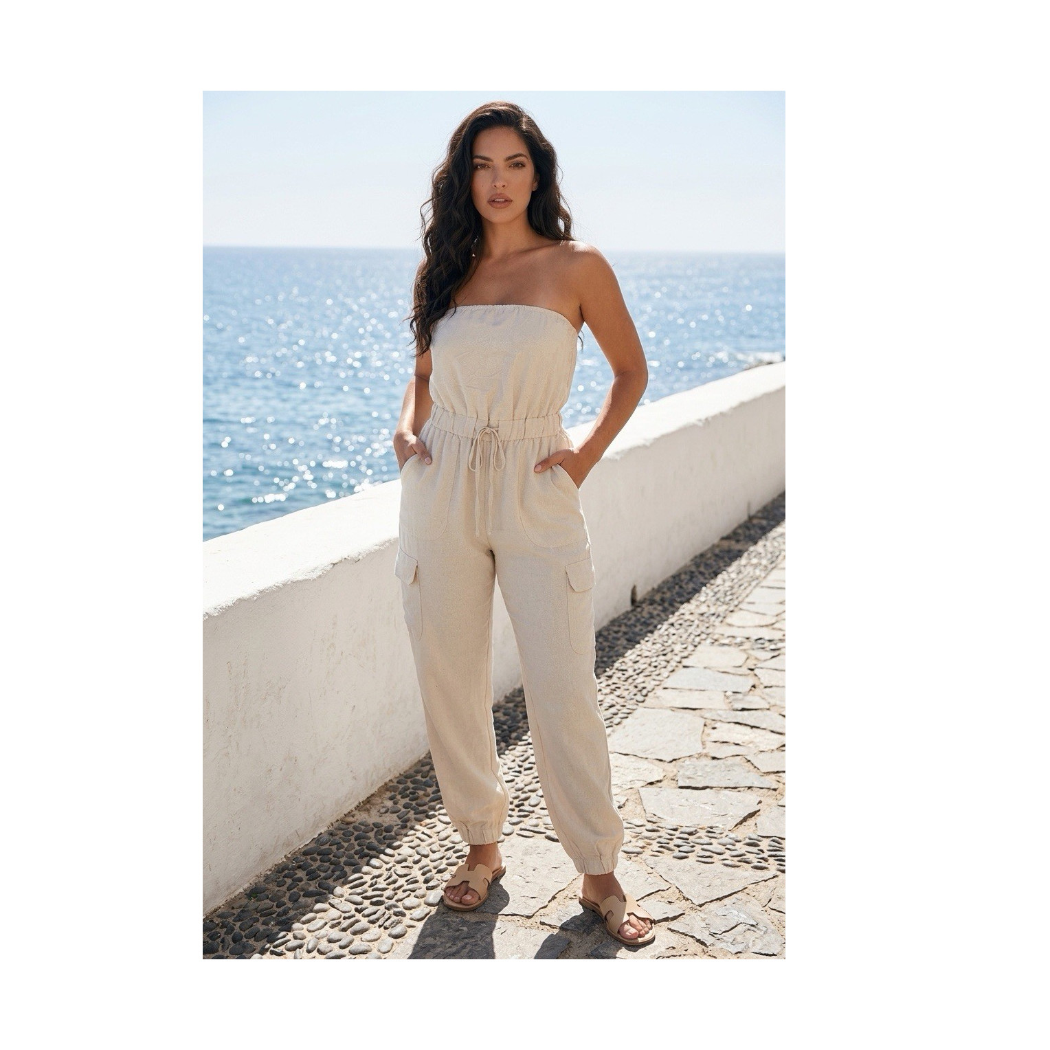 Japna Beige Strapless Drawstring Pocket Tapered Leg Woven Jumpsuit Size M