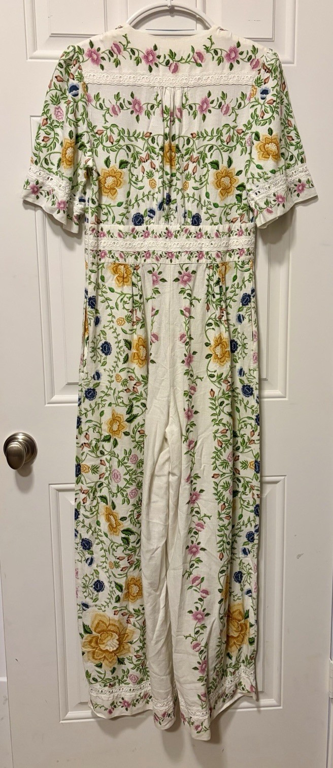 FARM White Floral Embroidered Linen V-Neck Short Sleeve Jumpsuit Womens M