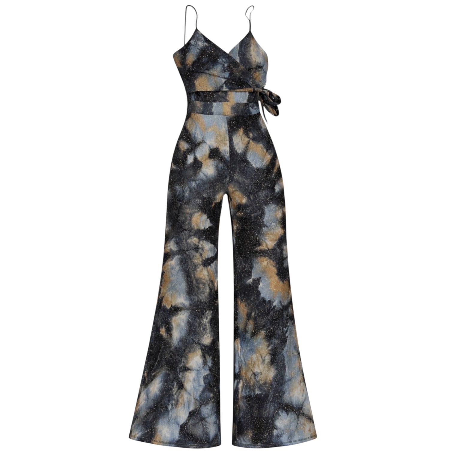 Metallic Galaxy Marble Print Wide Leg Jumpsuit L Wrap Empire Waist Y2K Boho USA