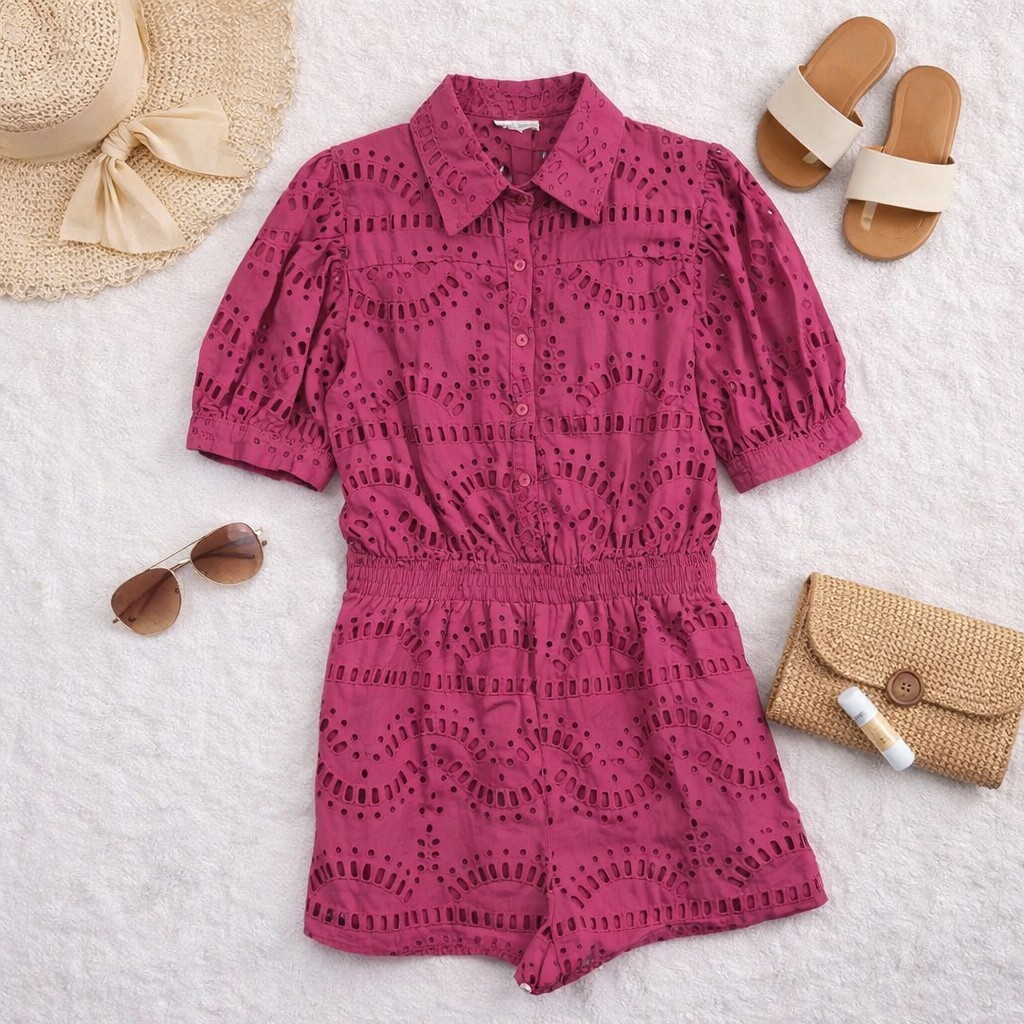 MAINSTRIP fushia Pink Eyelet S Sleeve Shirts Romper Lined 1/2 Button. Ladies L