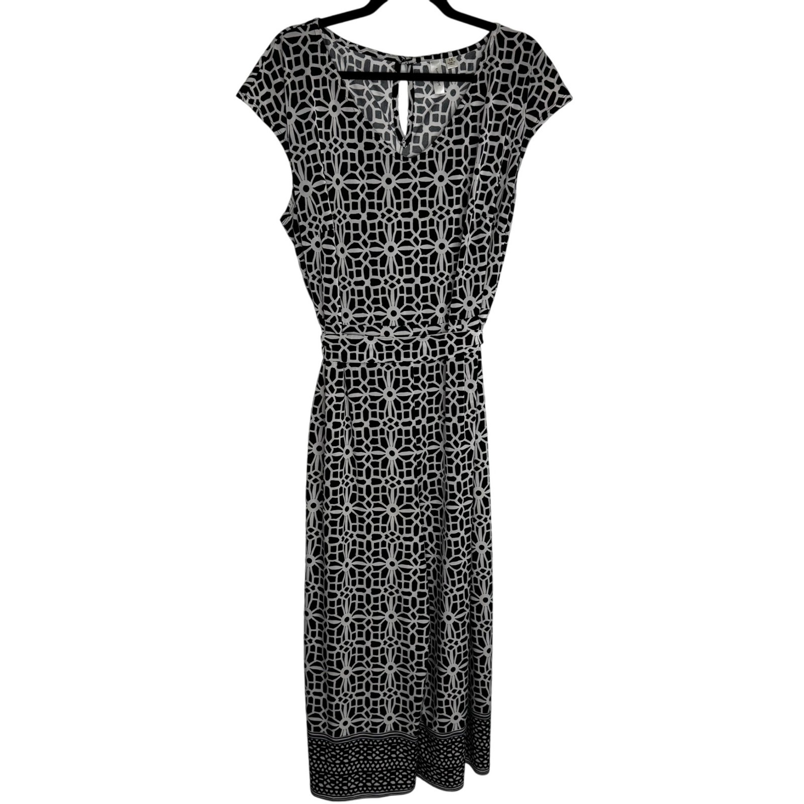 Tacera Womens Size 2X Black & White Geometric Wide Leg Palazzo Midi Jumpsuit
