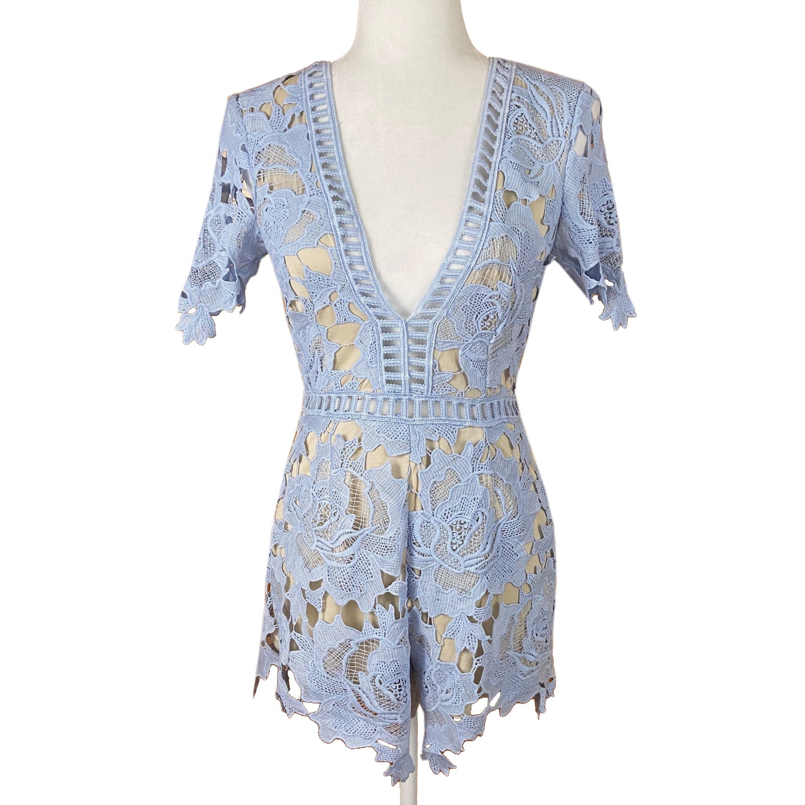 Missguided Crochet Ladder Lace Romper Size 4 Blue Deep-V Short Sleeves Lined NEW