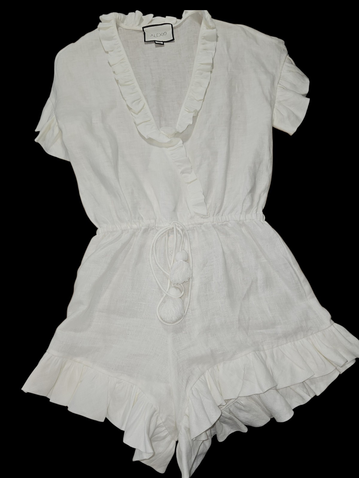 Alexis White 100% Linen Romper Ruffle Trim V-Neck Drawstring Waist Women’s Size