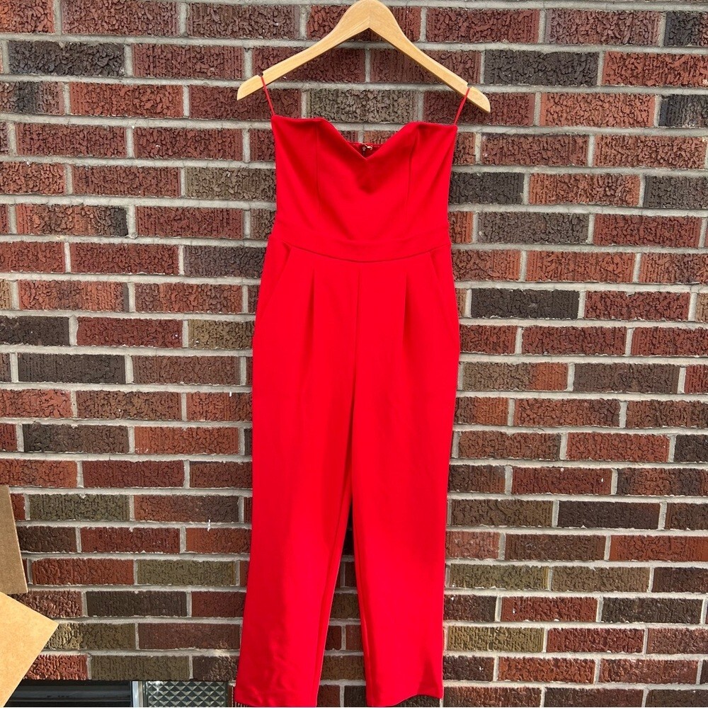 Express Bright Red Strapless Sweetheart Cut Palazzo Jumpsuit