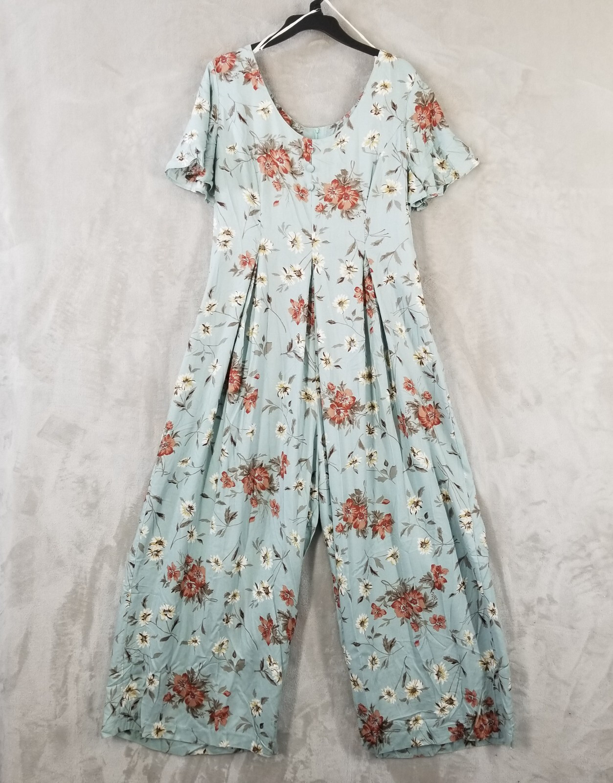 Vintage Jumpsuit Women 12 Blue Floral Pleated Wide Leg Palazzo Cottage Boho