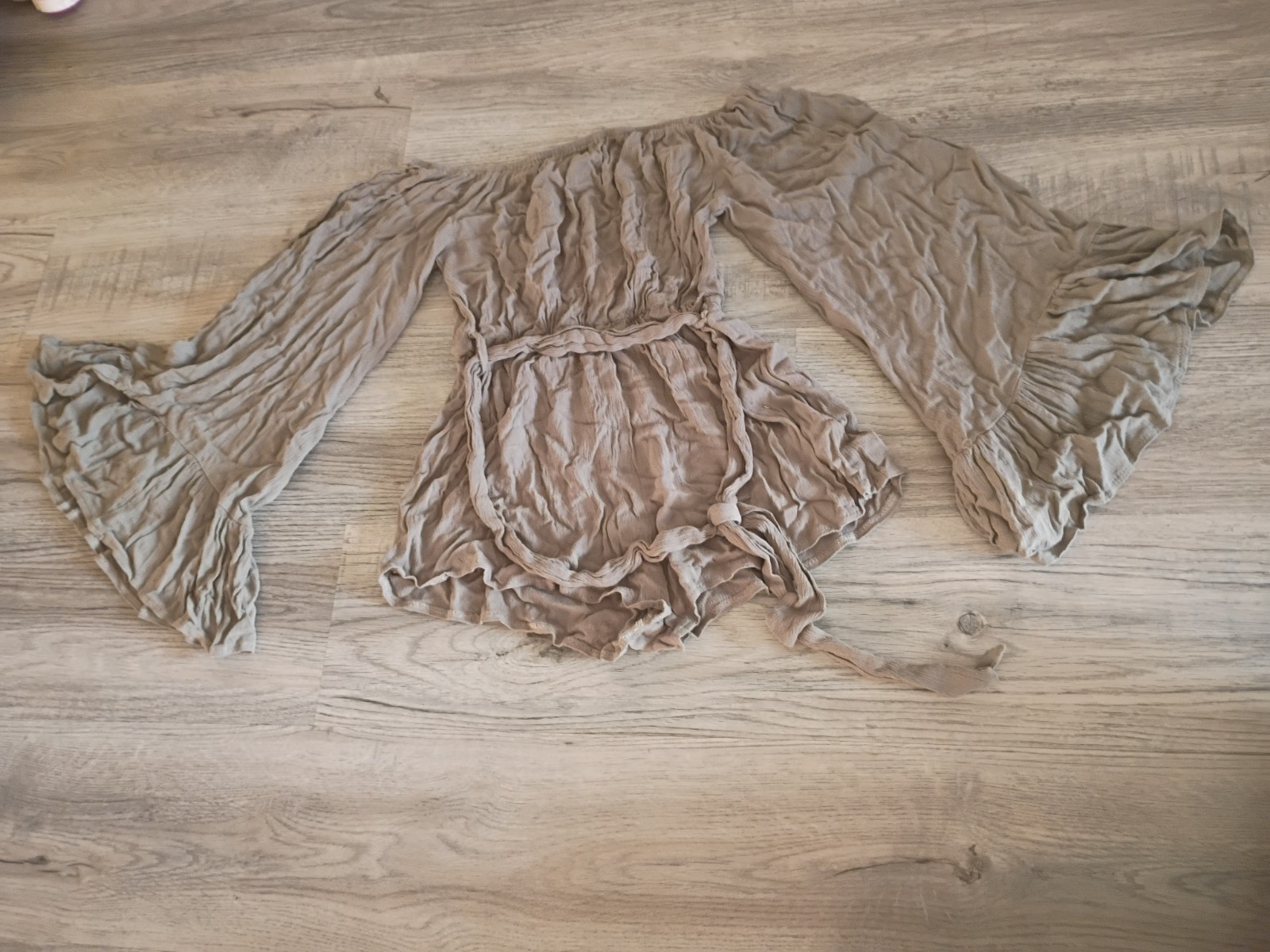 Beige Gauze Off Shoulder Bell Sleeve Tie Waist Romper distressed wrinkled charm