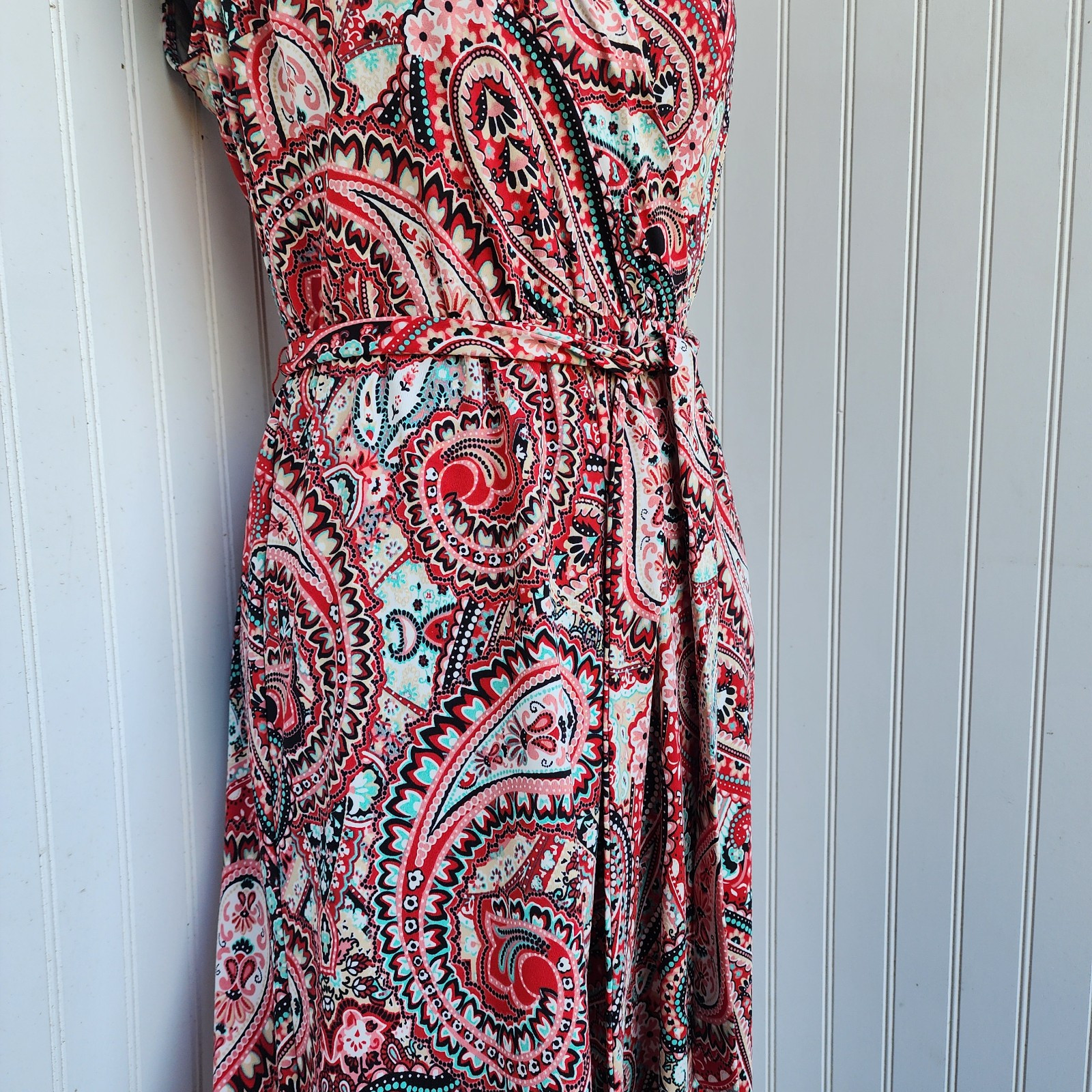 Tacera Womens Jumpsuit Red Green Paisley Stretch Sleveless Tie Waist V-Neck S