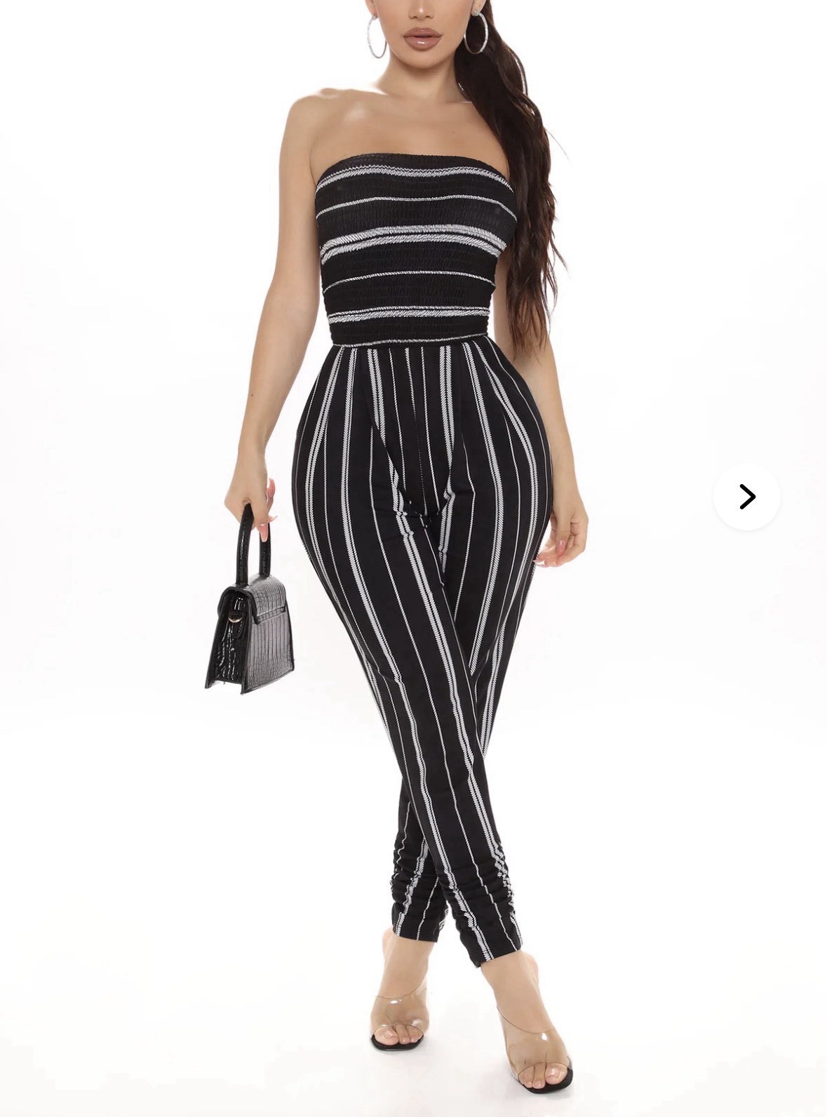 Jumpsuit Women’s Color Black And White Stripe – Size S Ruched Or Elastic Texture