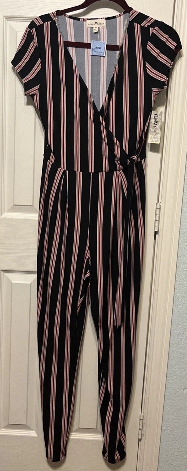Derek Heart Black, Red, Pink Striped Jersey Knit Paintsuit Size M NWT