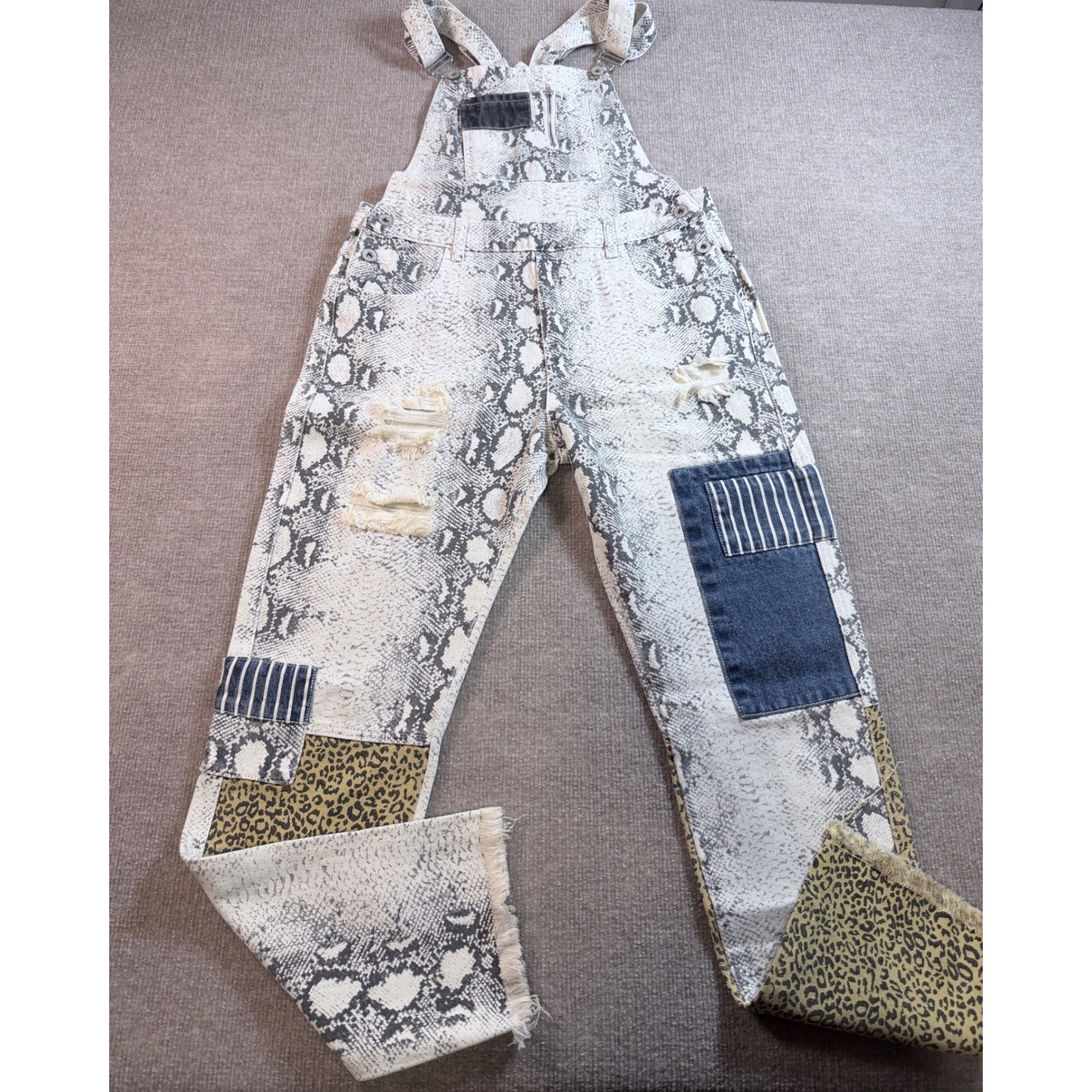 POL Mixed Print Snakeskin Distressed Patchwork Denim Overalls SMP286 Small