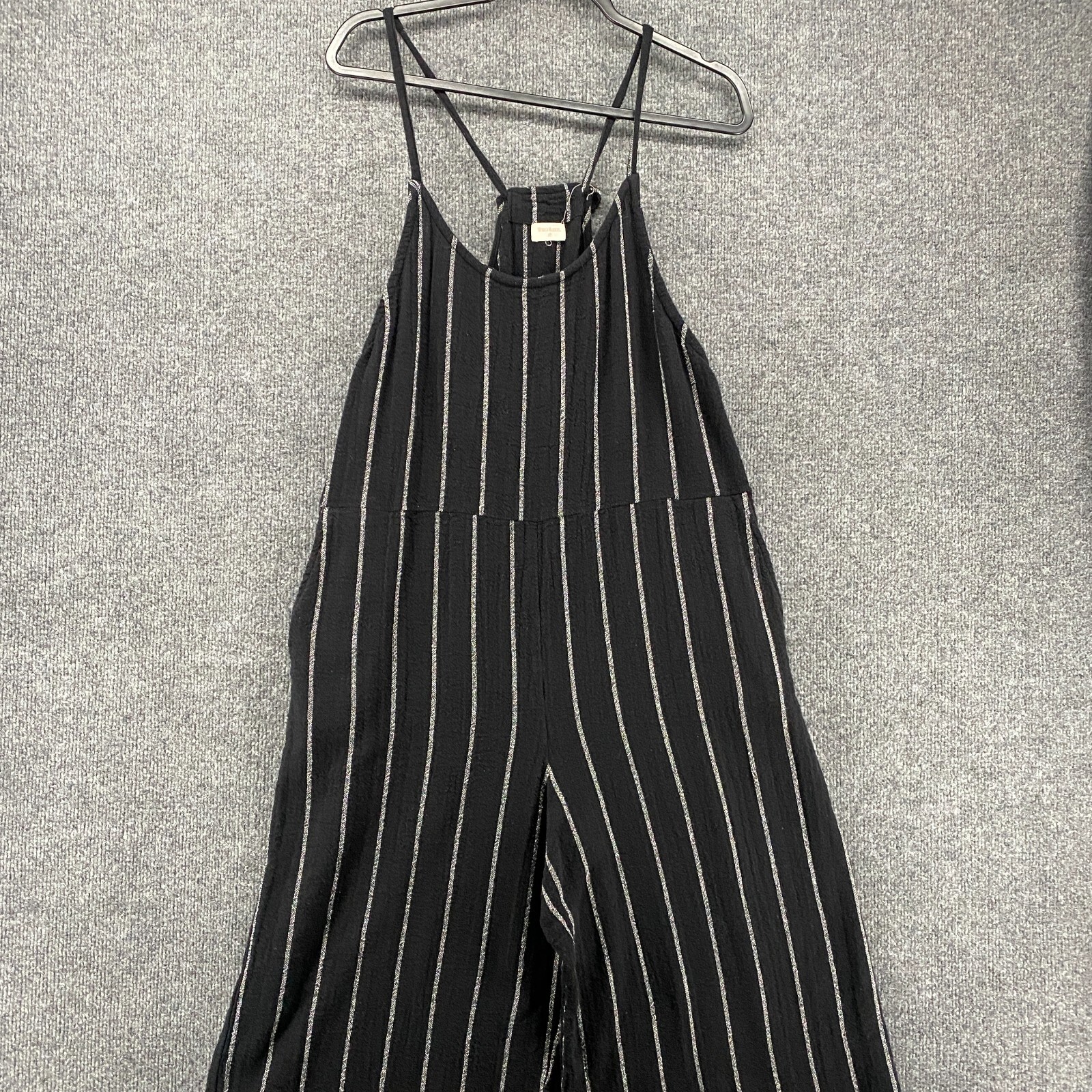 World Market Jumpsuit Womens S/M Black Striped Crop Farm Jumper Boho Hippie