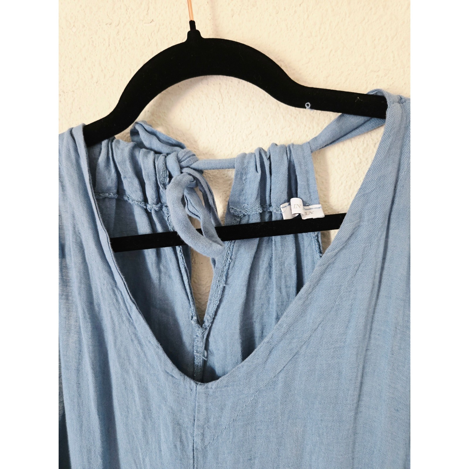 Made in Italy Womens Blue 100% Linen Wide Leg Tie Back Loose Jumpsuit Overalls