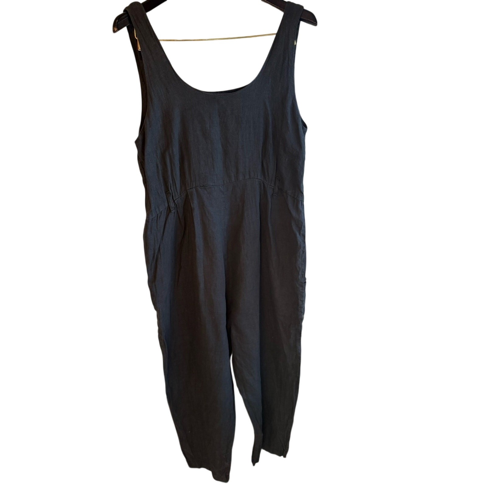Black Crane Linen Jumpsuit Black Wide Leg Minimalist Made USA Small Boho
