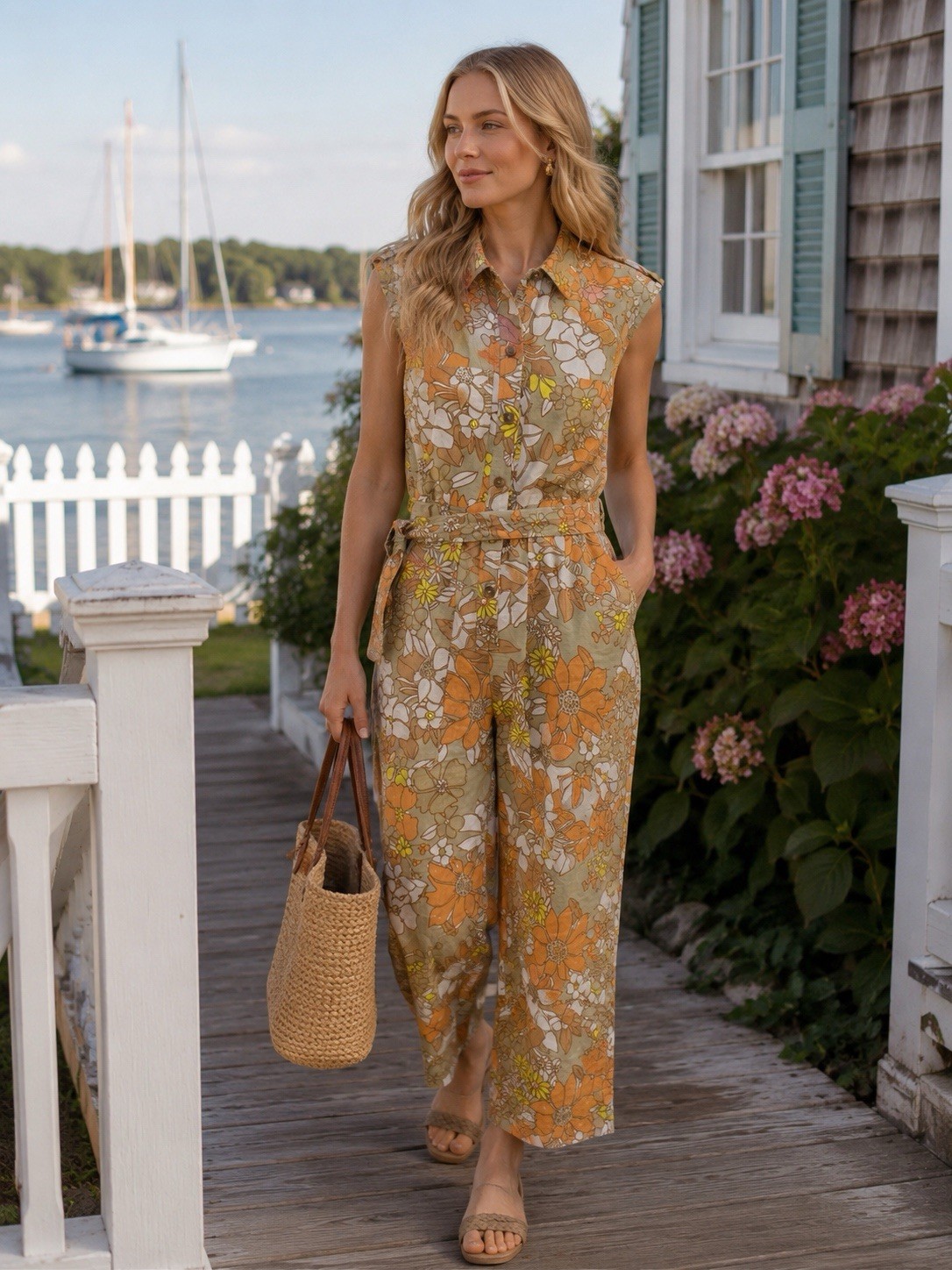 Current Air Los Angeles Floral Linen Blend Jumpsuit Green Orange Yellow Size M