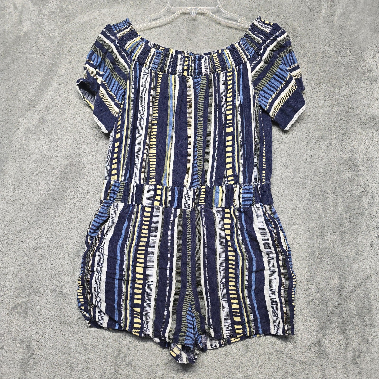 Ann Taylor Loft Lounge Romper Womens Sz Medium Blue Stripe Lightweight Pockets