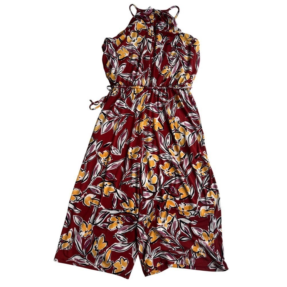 Maggy London Red Floral Halter Neck Wide Leg Jumpsuit Size 6 Tie Waist