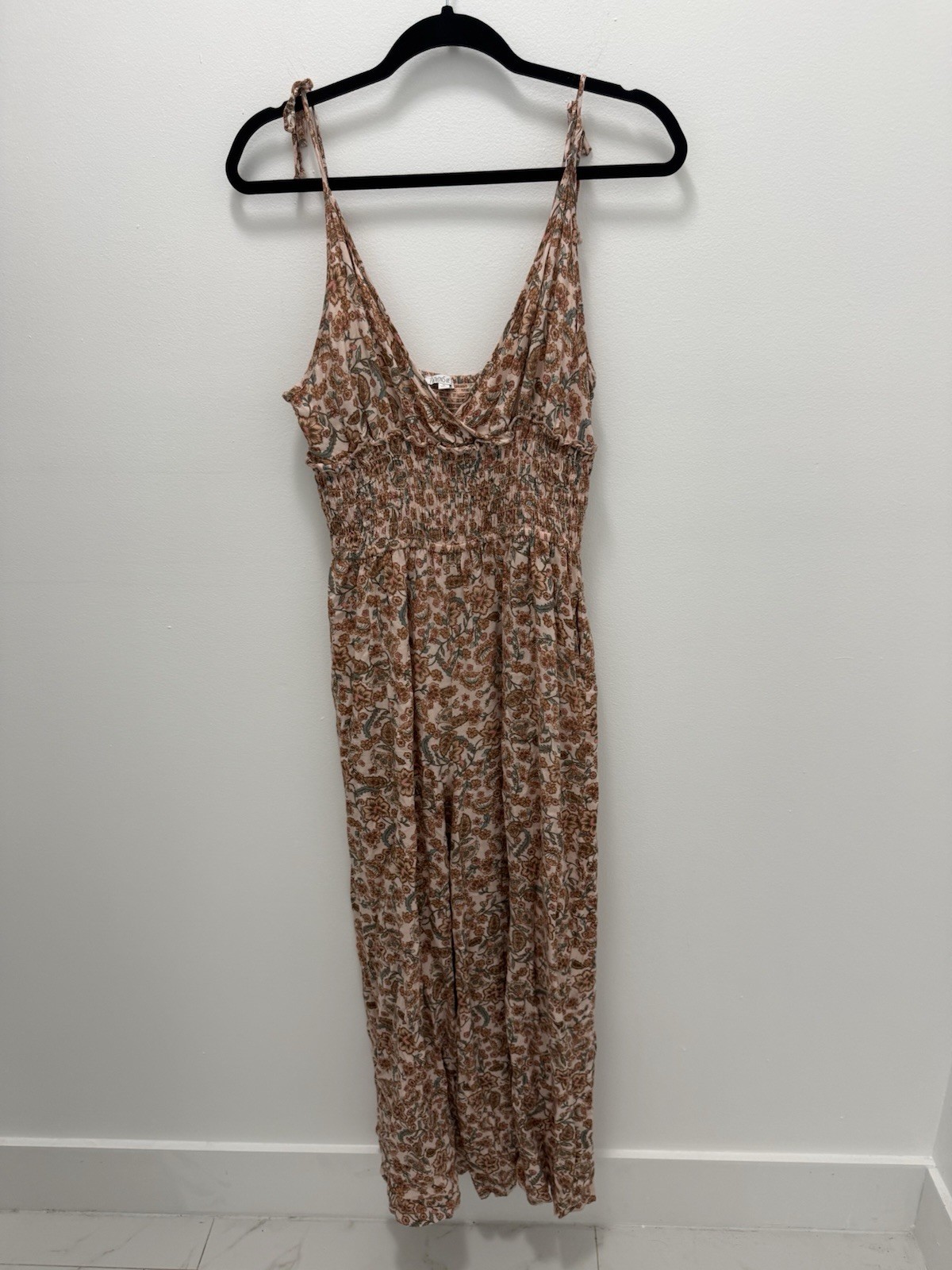 Patrons of Peace Jumpsuit Womens M Pink Floral Boho Wide Leg Smocked Tie Rayon