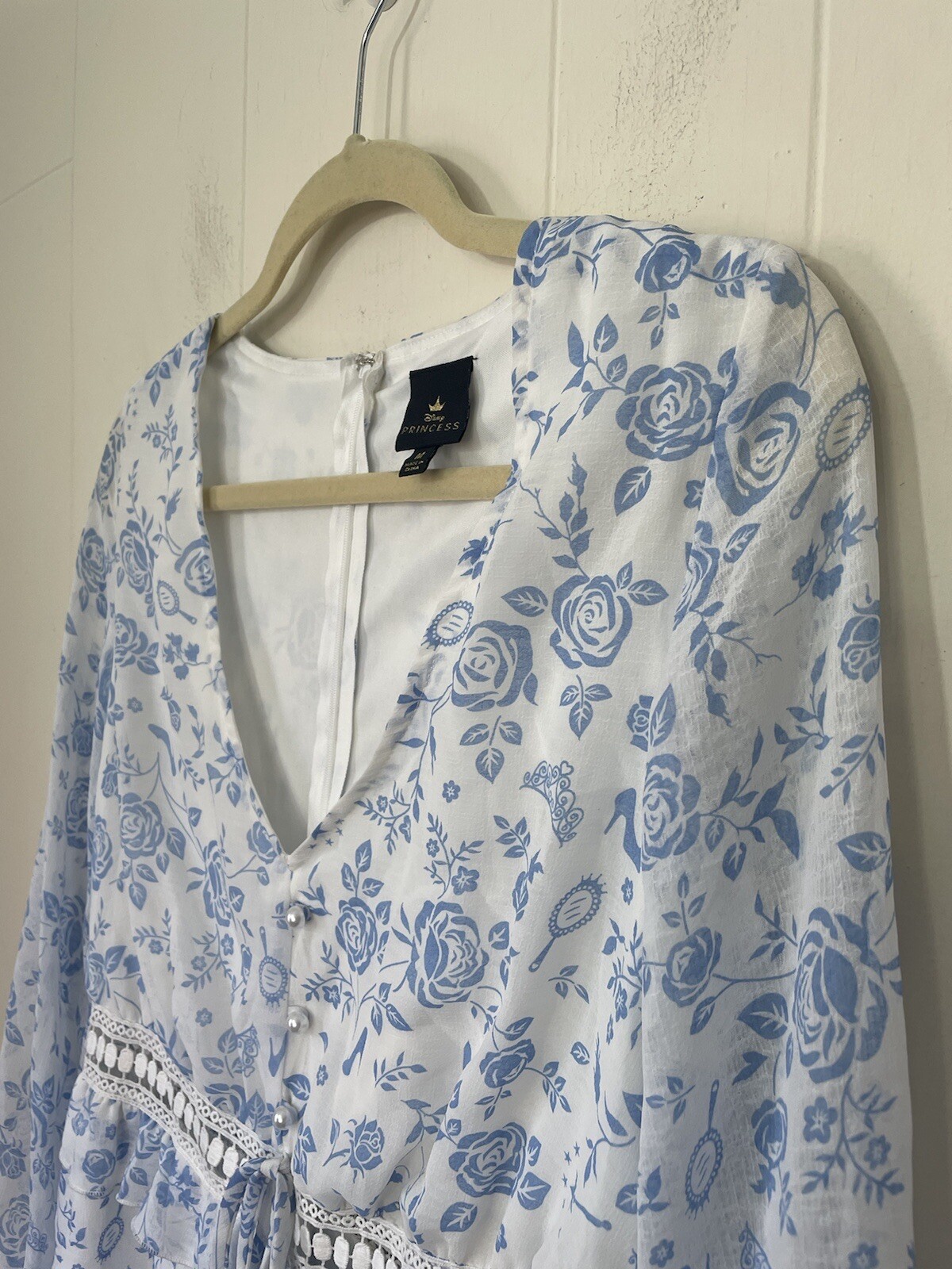Disney Princess White Blue Floral Long Sleeve Lined Romper ~ FLAWED ~ Size M