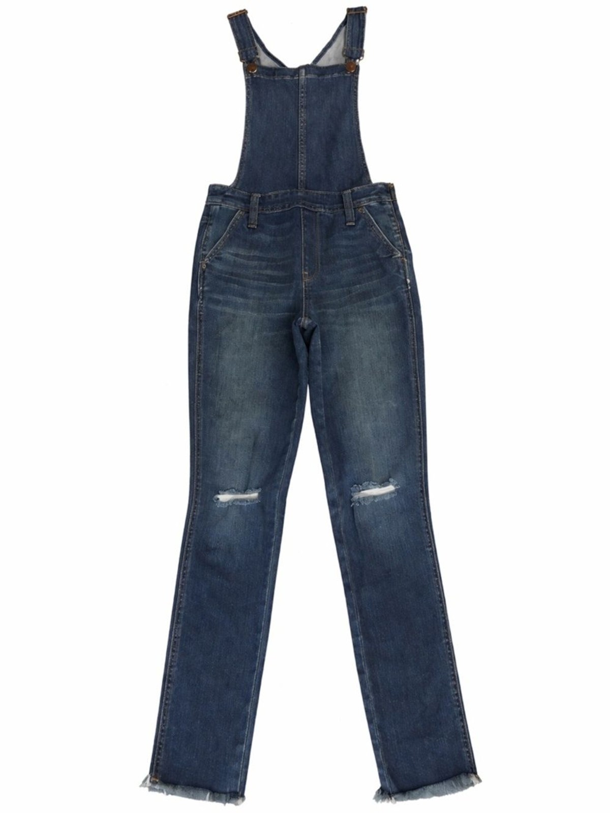 Madewell Denim Overalls XS Distressed Raw Hem Straight Leg Medium Wash Bib Jeans