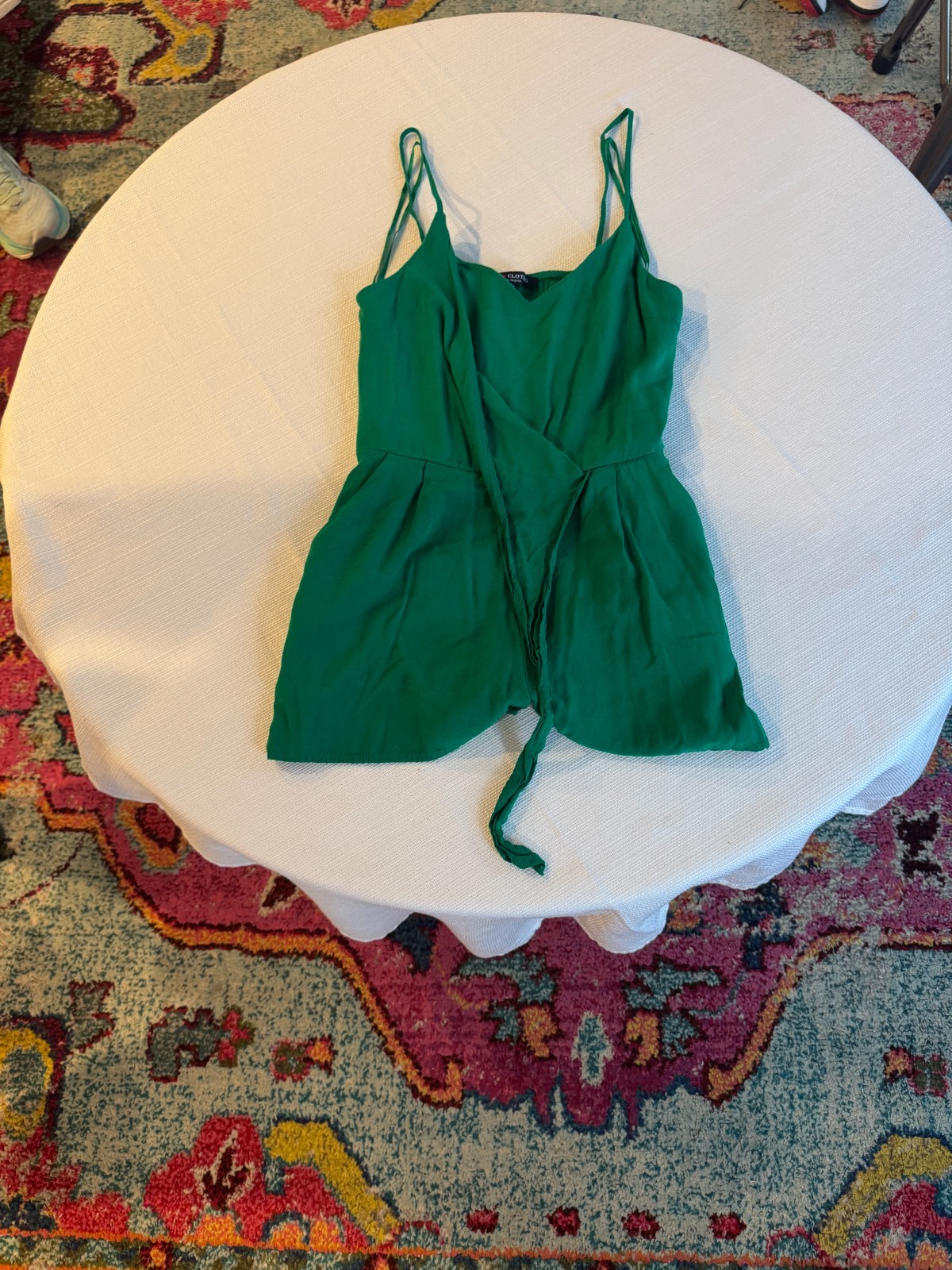 One Clothing Emerald Green Romper XS Sleeveless Faux Wrap Tie Front