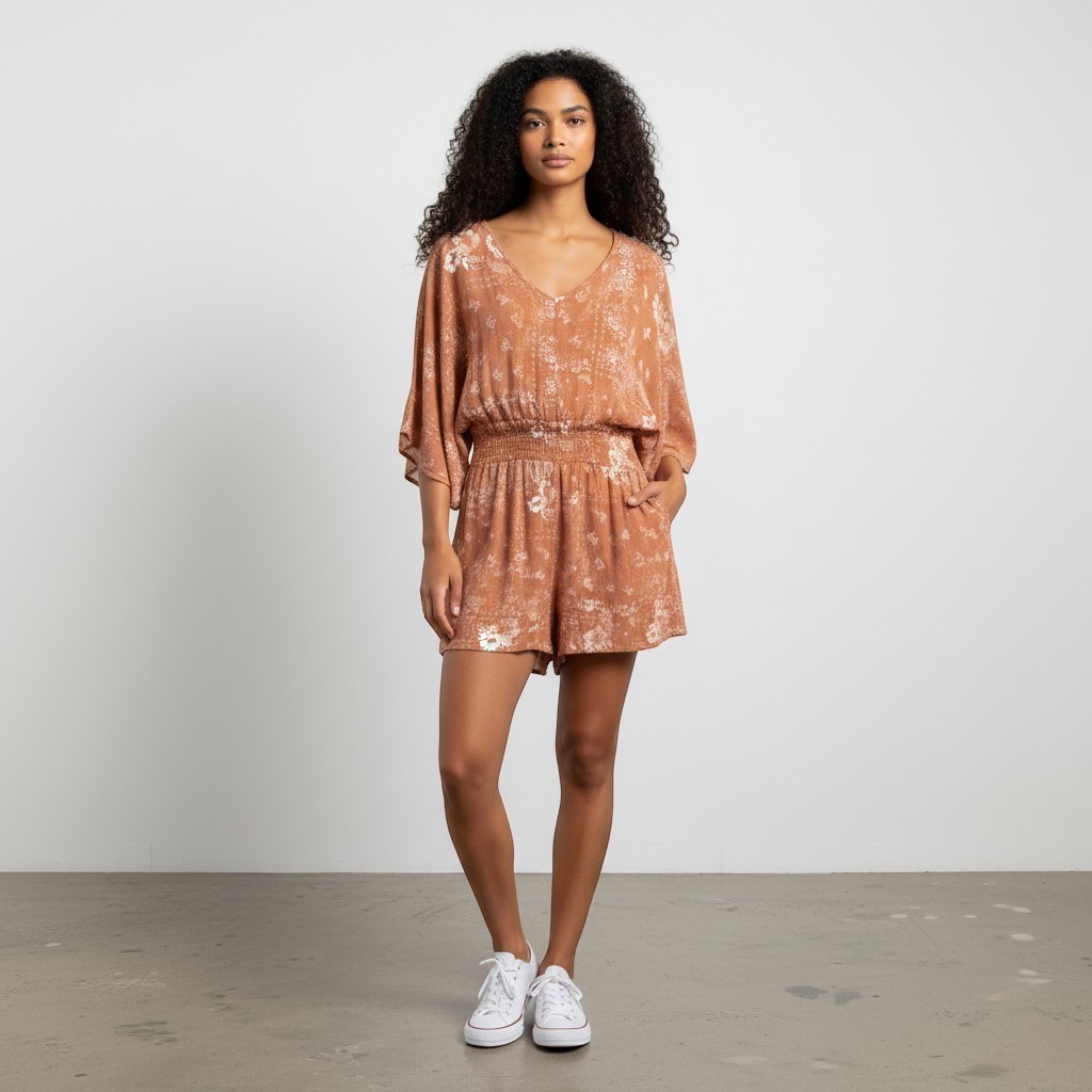 Ces Femme Romper Women Medium Rust Orange Excellent Floral Paisley Boho Kimono