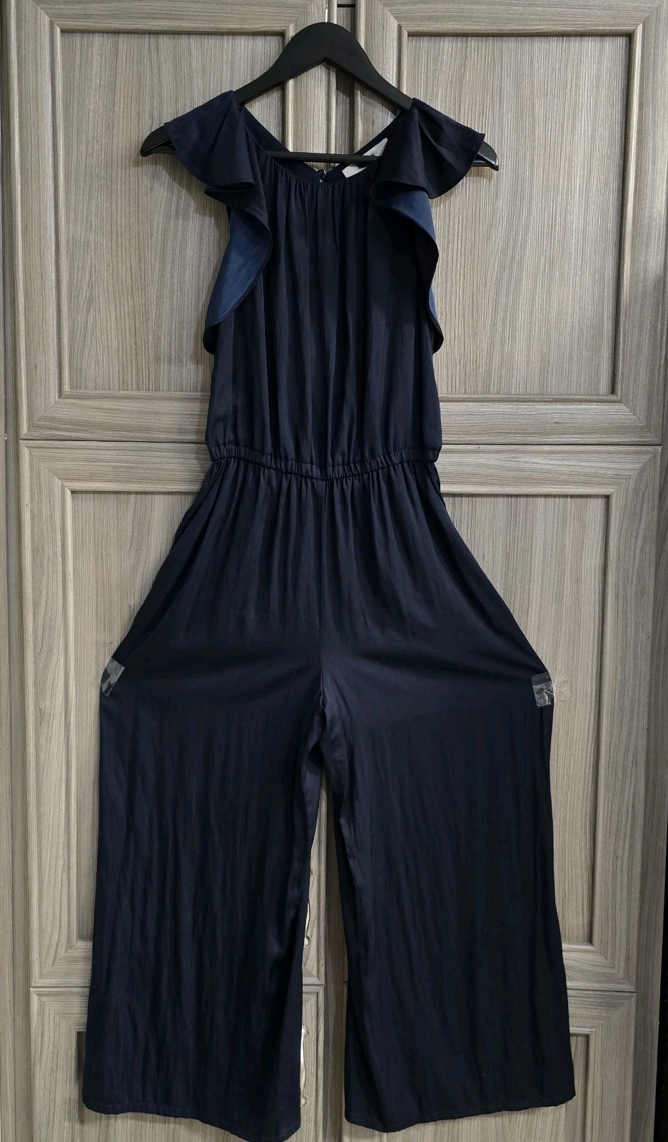 LOFT Womens Navy Blue Flutter Sleeve Wide Leg Jumpsuit Size 2 Cinched Waist