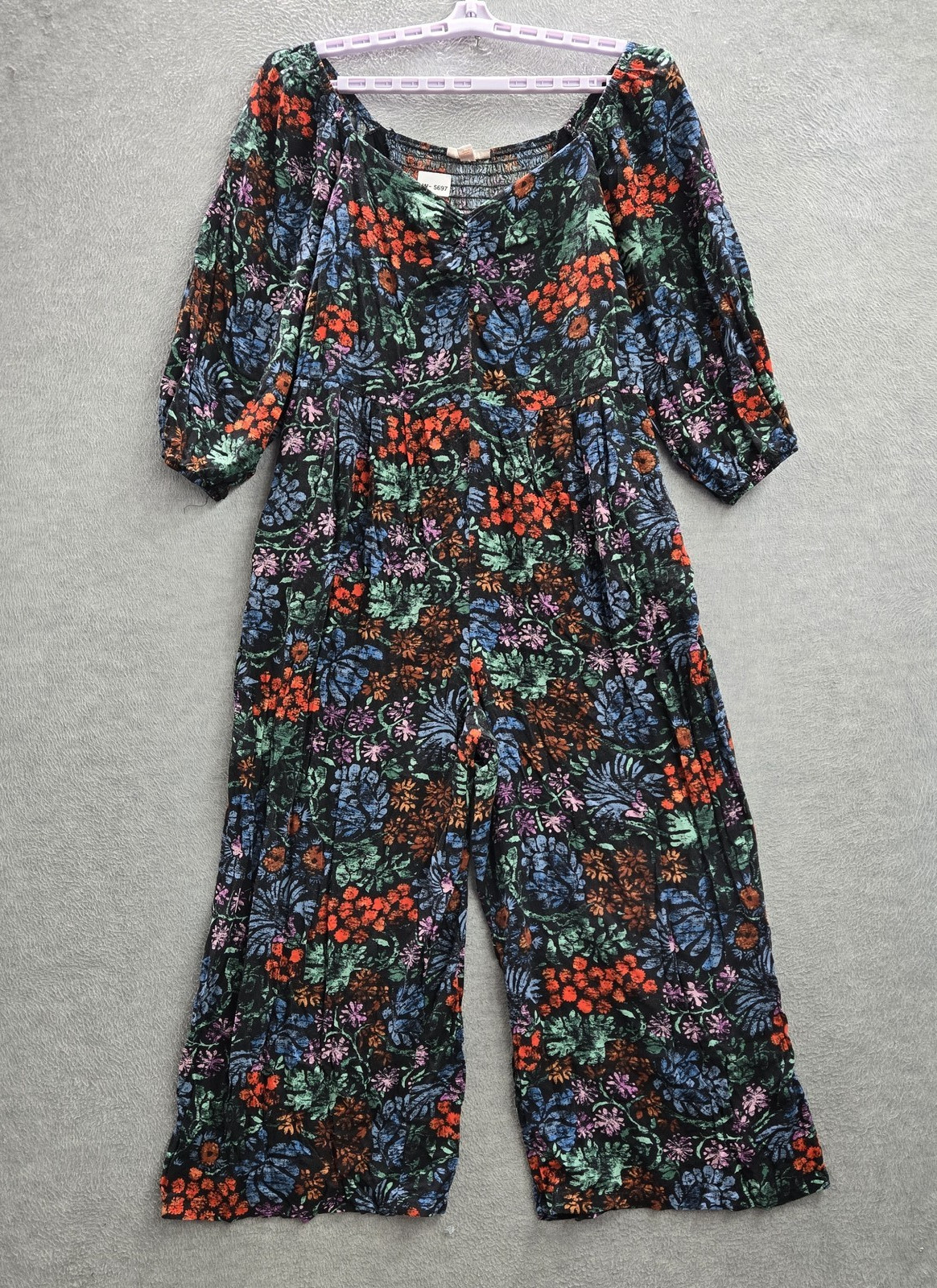 Knox Rose Women Jumpsuit XL Black Floral Smocked 3/4 Sleeve Wide Leg