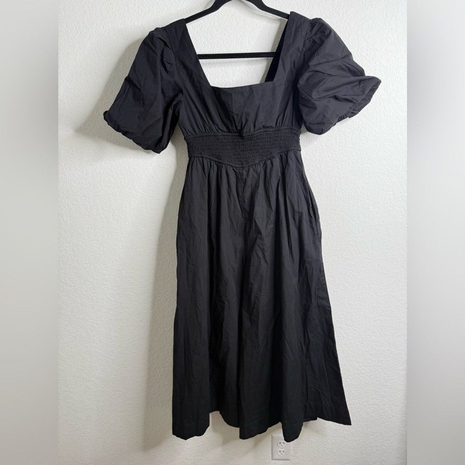 NWT Anthropologie Maeve Puff-Sleeve Smocked Culotte Jumpsuit Black Sz XS Tall